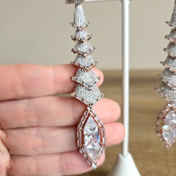 Long oversized dangling drop earrings with crystals. - Picture 3 of 5